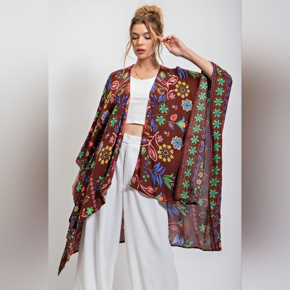A235. easel Brown Floral Boho Kimono Jacket